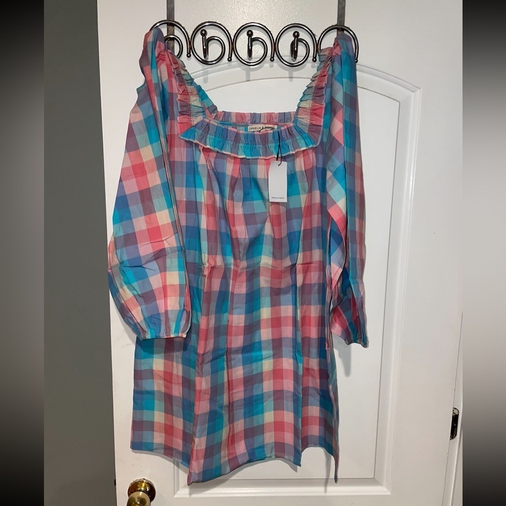 New! Ophelia & Indigo April Dress Pink & Blue Woven Gingham Check Small Nwt! — image 4 of 8